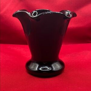 Vintage 5” By 5” Vase Black Glass MCM Hand Blown Fluted Edge